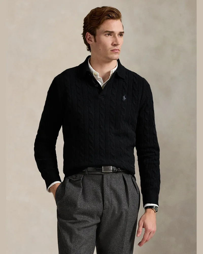 Ralph Lauren Langärmliges Strick-Poloshirt mit Zopfmuster und Kaschmiranteil in Schwarz