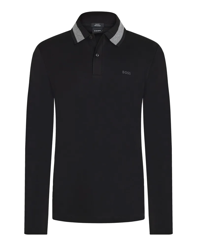 HUGO BOSS Glattes Langarm-Poloshirt mit Logo-Print und Streifenakzenten in Schwarz