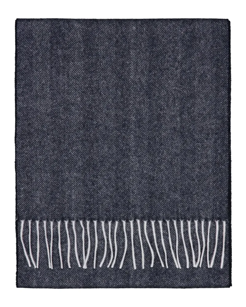 Tom Rusborg Softer Kaschmirschal mit Fransenabschlüssen und Fischgrätmuster in Marine