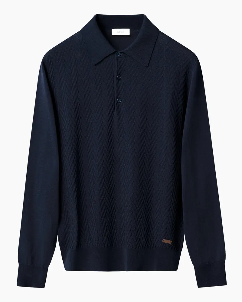 Eton Langarm-Strick-Poloshirt mit Chevron-Struktur, Contemporary Fit in Marine