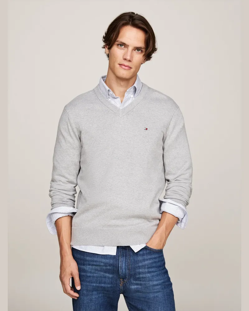 Tommy Hilfiger Leichter Pullover mit Kaschmir und V-Ausschnitt in Hellgrau