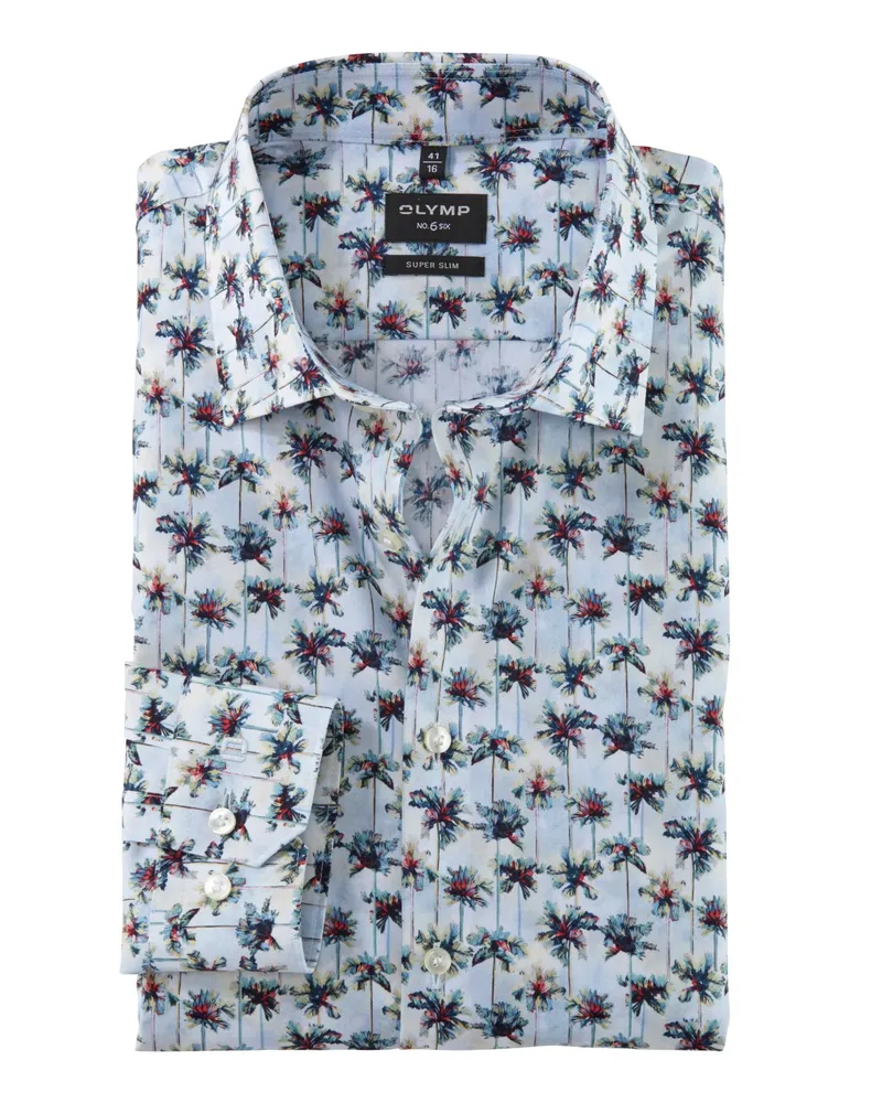 Olymp No.Six, Super Slim, Stretch-Hemd mit Palmen-Motiven in Blau
