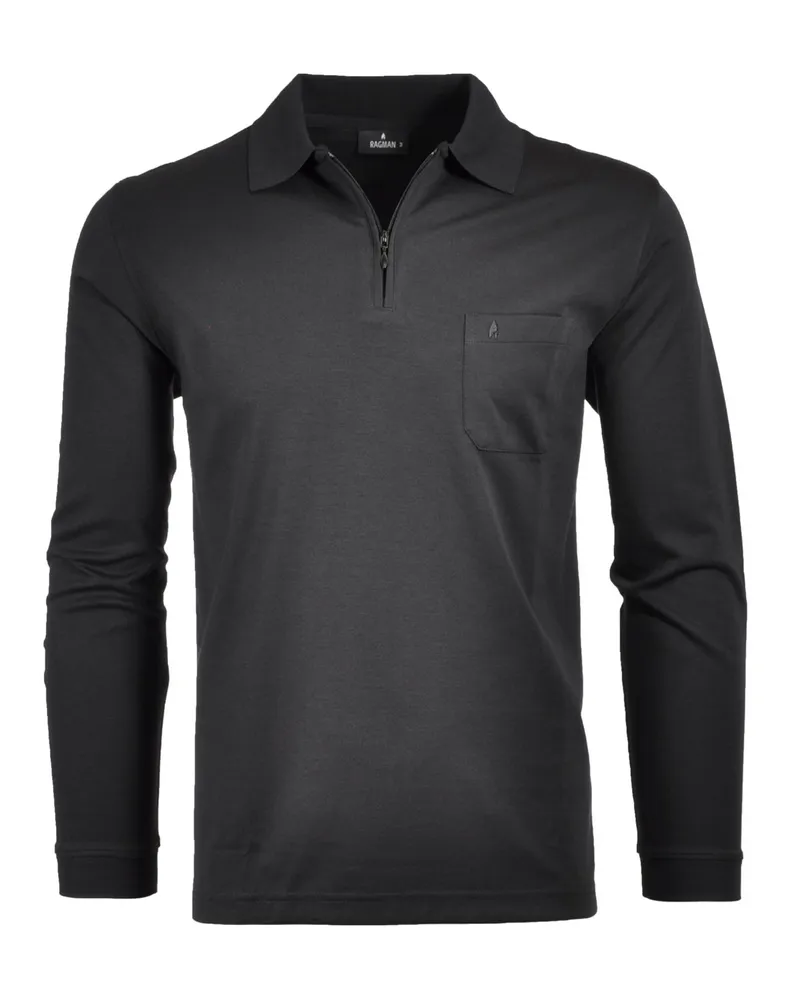 Ragman Langarm-Poloshirt mit Micropima-Baumwolle und Zip in Schwarz