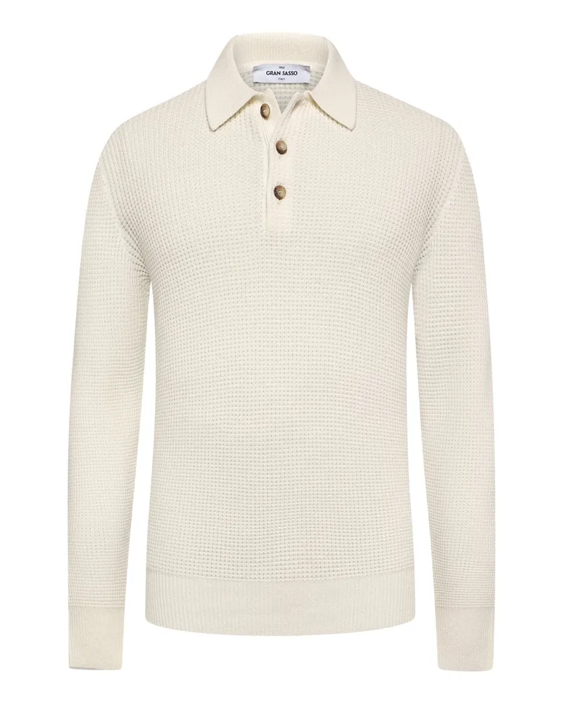 Gran Sasso Langarm-Strickpoloshirt in Waffelstrick, Modern Fit in Offwhite