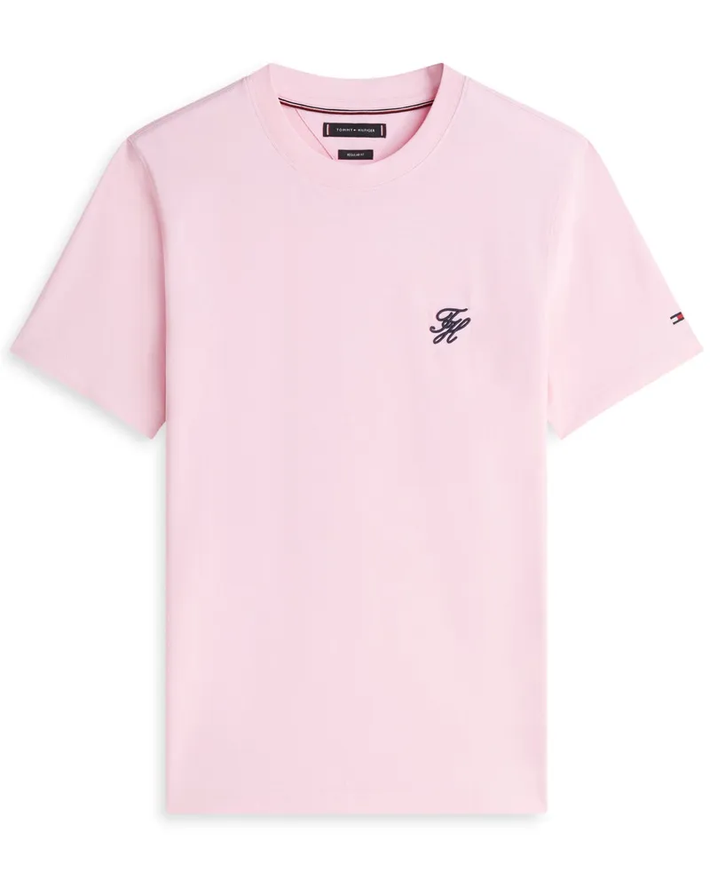 Tommy Hilfiger Glattes T-Shirt aus Baumwolle mit Monogramm-Stickerei, Regular Fit in Rosenrot