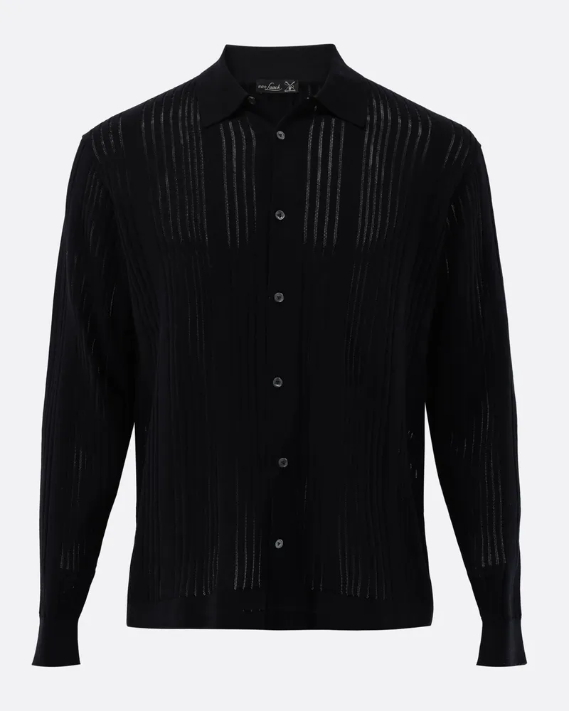 van Laack Strickhemd aus gerippter Baumwolle mit Perlmuttknöpfen in Marine