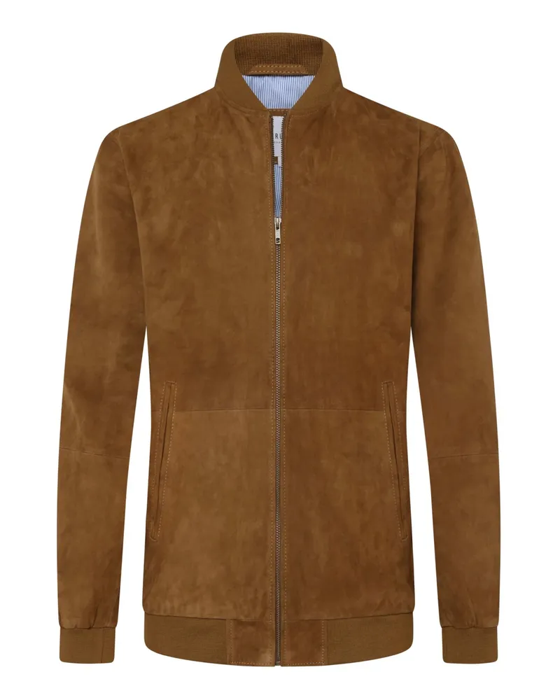 Tom Rusborg Leder-Blouson aus weichem Veloursleder mit gerippten Bündchen in Cognac