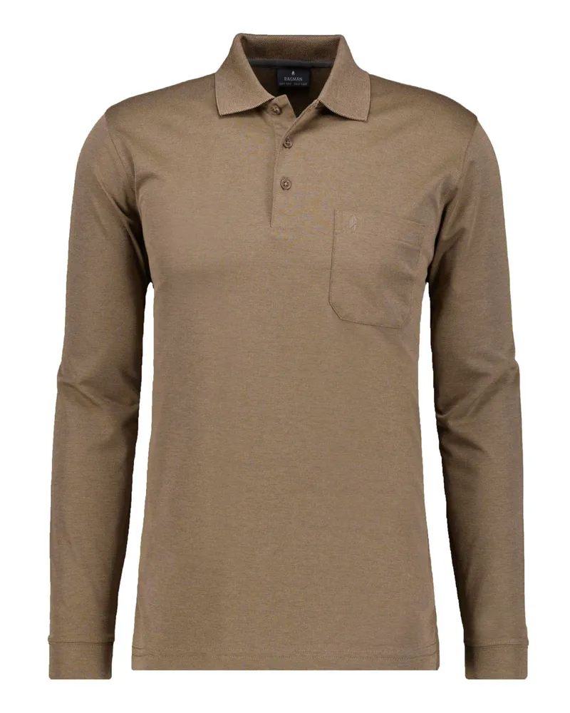 Ragman Soft Knit Langarm-Poloshirt mit Brusttasche und Logo-Stickerei in Braun