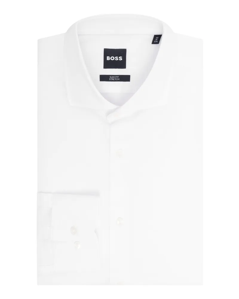 HUGO BOSS Unifarbenes Businesshemd aus Baumwoll-Stretch mit Haifischkragen, Slim in Weiß