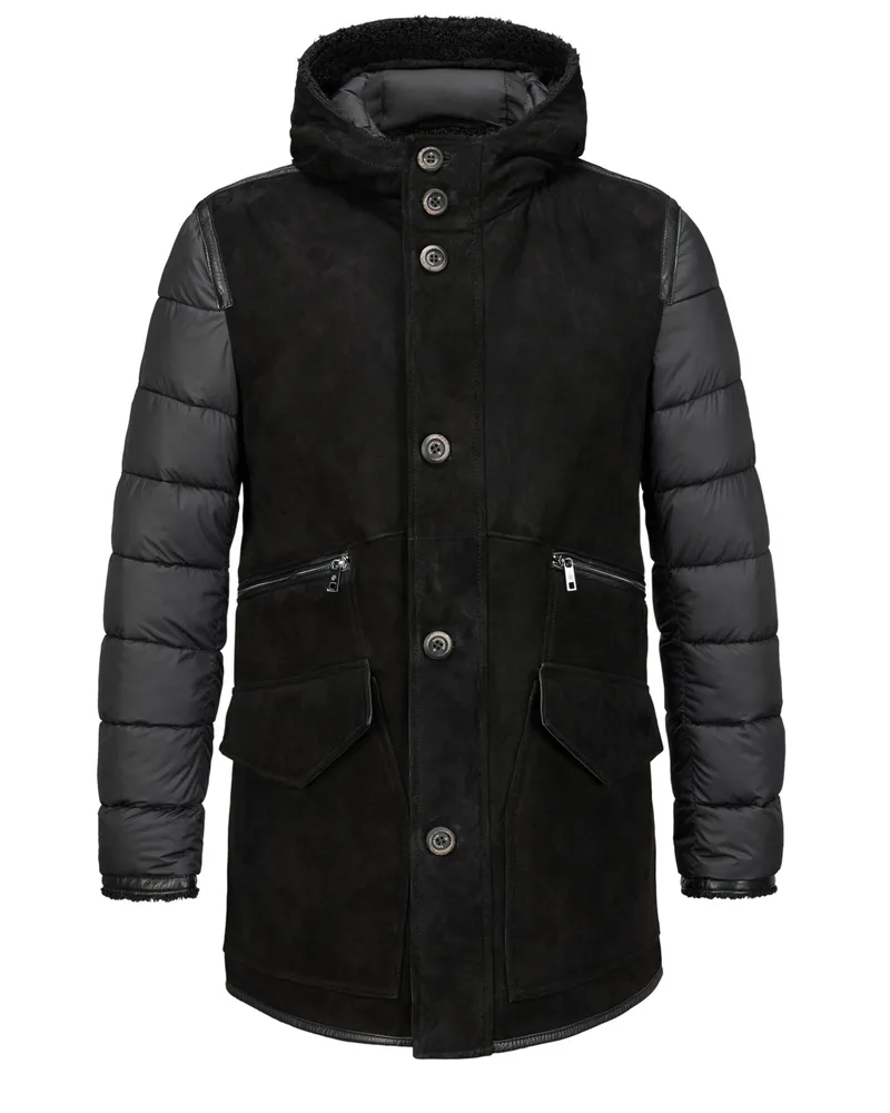 Milestone Hybrid-Parka Emmerson aus Veloursleder und gestepptem Nylon-Material in Schwarz