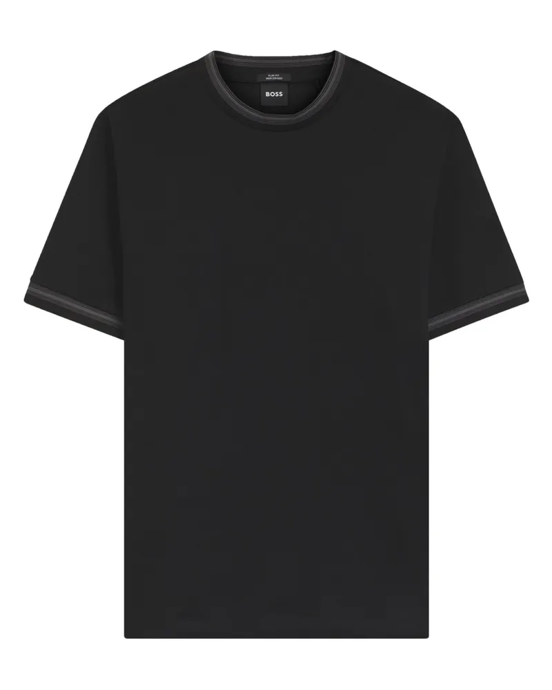 HUGO BOSS T-Shirt aus merzerisierter Baumwolle mit Kontrastbündchen, Slim Fit in Schwarz