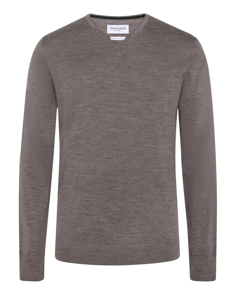 Tom Rusborg Leichter Pullover mit V-Ausschnitt aus maschinenwaschbarer Merinowolle in Braun