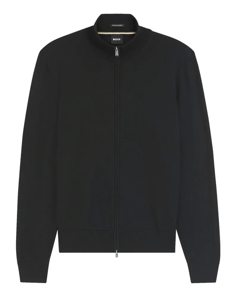 HUGO BOSS Leichte Glattstrickjacke aus Merinowolle mit Stehkragen und Zip in Schwarz