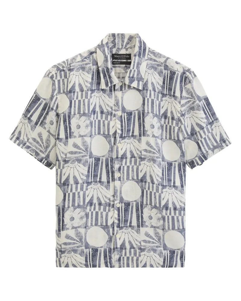 Marc O'Polo Kurzarmhemd aus Leinen mit floralem Print, Regular Fit in Blau