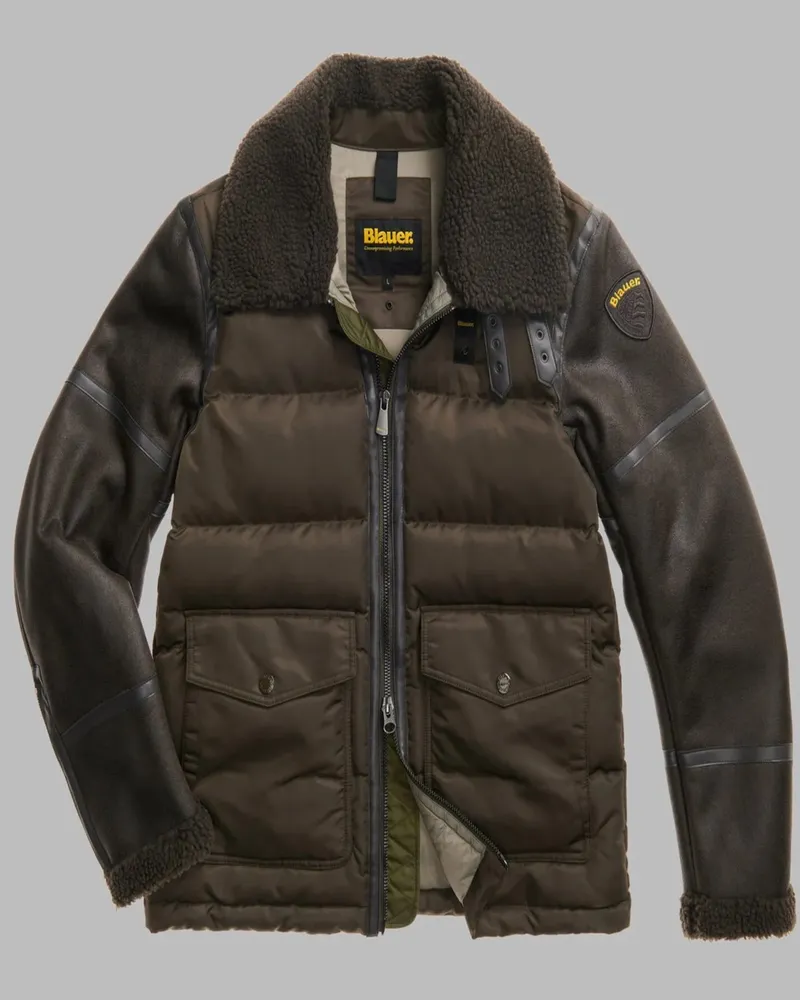 Blauer Hybride Steppjacke mit künstlichen Lammfell-Einsätzen und Sorona®-Isolation in Oliv