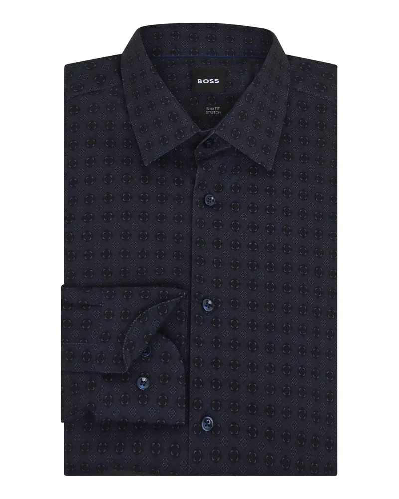 HUGO BOSS Gemustertes Hemd mit Kentkragen und Stretchanteil, Slim Fit in Marine