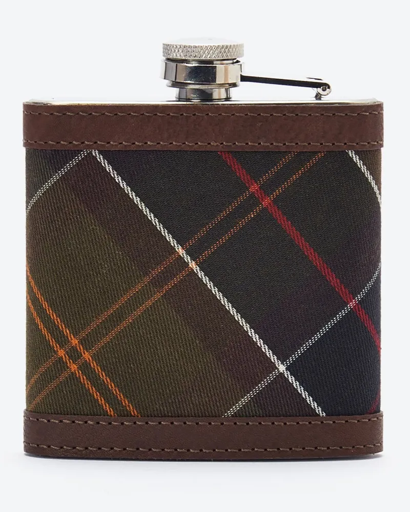 Barbour Flachmann aus rostfreiem Stahl mit Leder- und Baumwollakzenten in Dunkelbraun