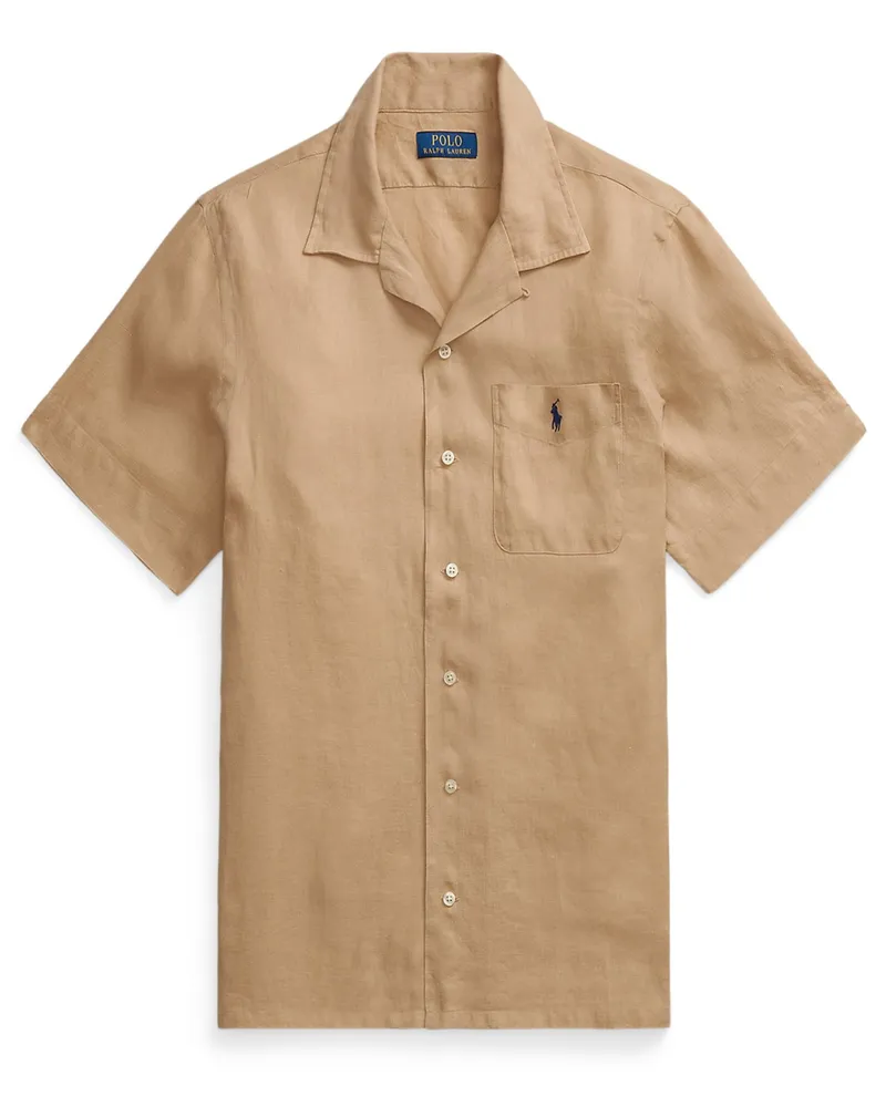 Ralph Lauren Kurzarmhemd aus Leinen mit Logo-Stickerei, Classic Fit Khaki