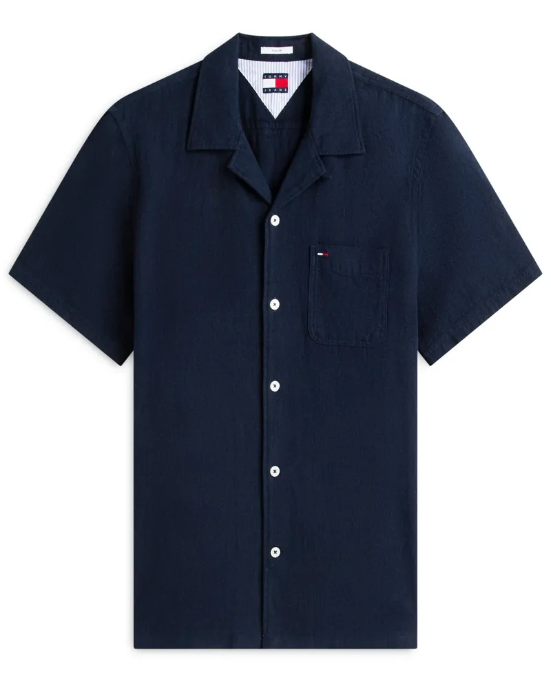 Tommy Hilfiger Kurzarmhemd mit Leinenanteil und Resort-Kragen in Marine