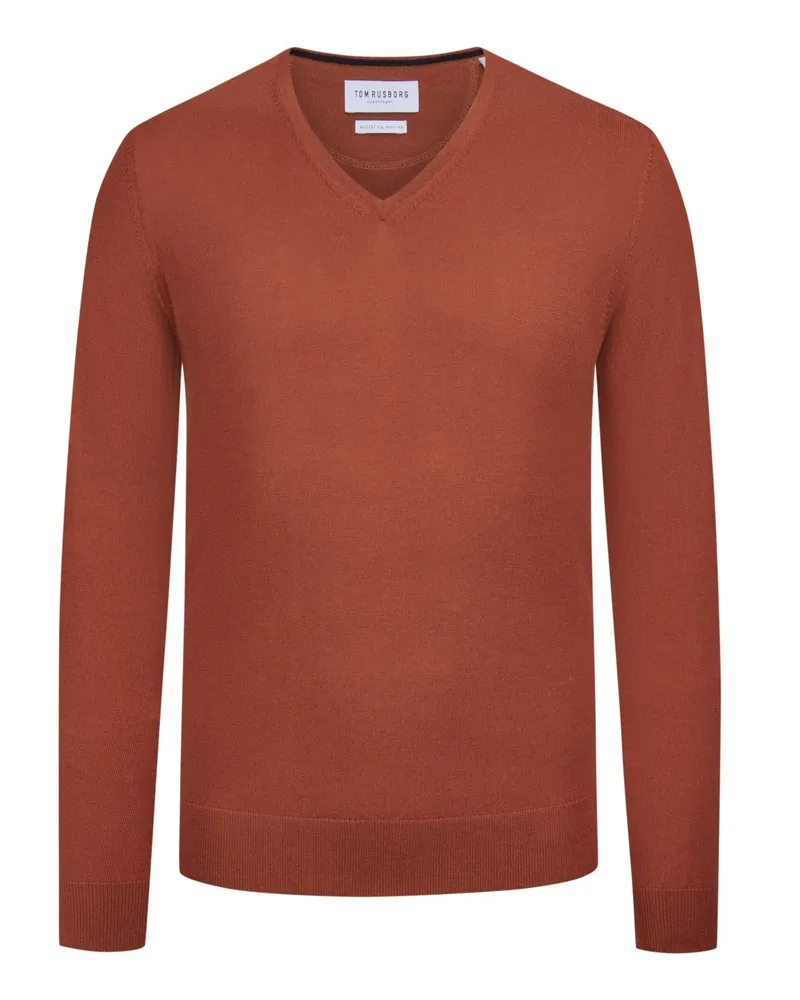 Tom Rusborg Leichter Pullover mit V-Ausschnitt aus maschinenwaschbarer Merinowolle in Rostrot