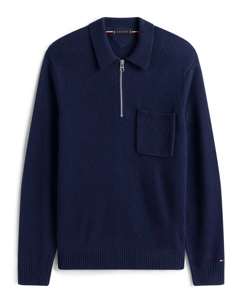 Tommy Hilfiger Langarm-Poloshirt aus Lambswool-Strick mit Reißverschluss in Marine