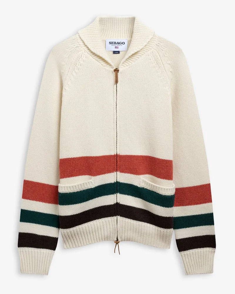 Sebago Grobstrickjacke aus einem Woll-Mix mit Ringelstreifen und Taschen in Offwhite