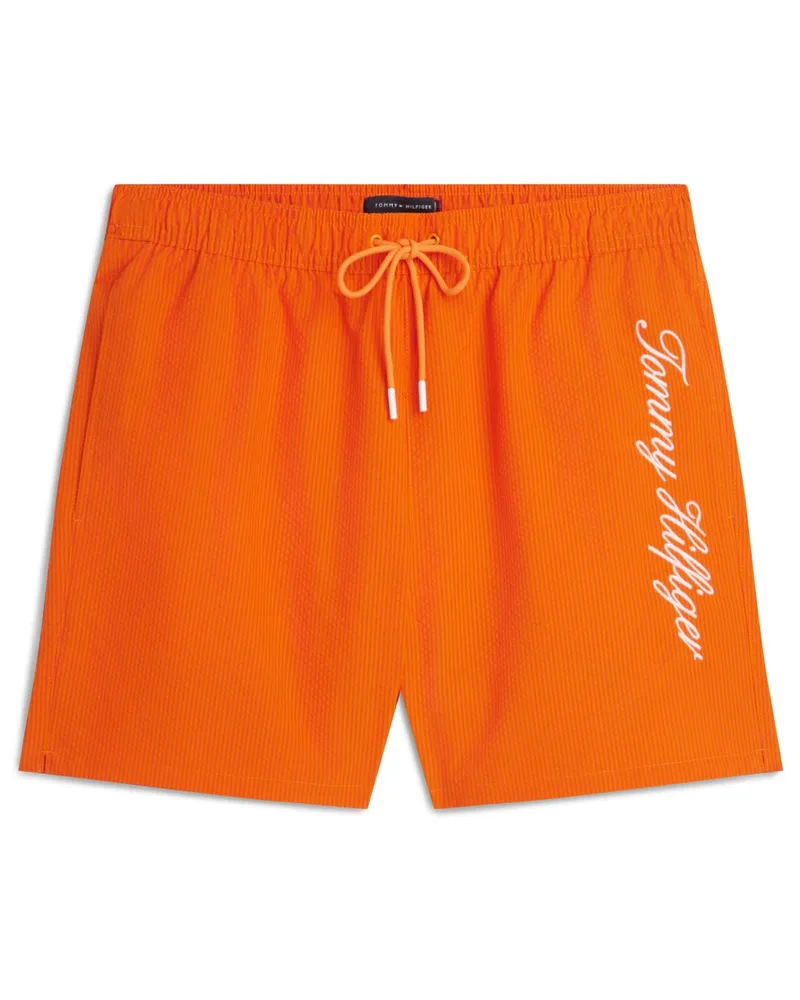 Tommy Hilfiger Unifarbene Seersucker-Badehose mit gesticktem Labelschriftzug in Orange