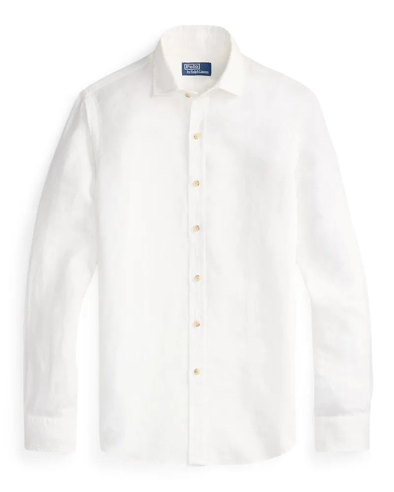 Ralph Lauren Leinenhemd mit Haifischkragen und Logo-Stickerei, Custom Fit in Offwhite