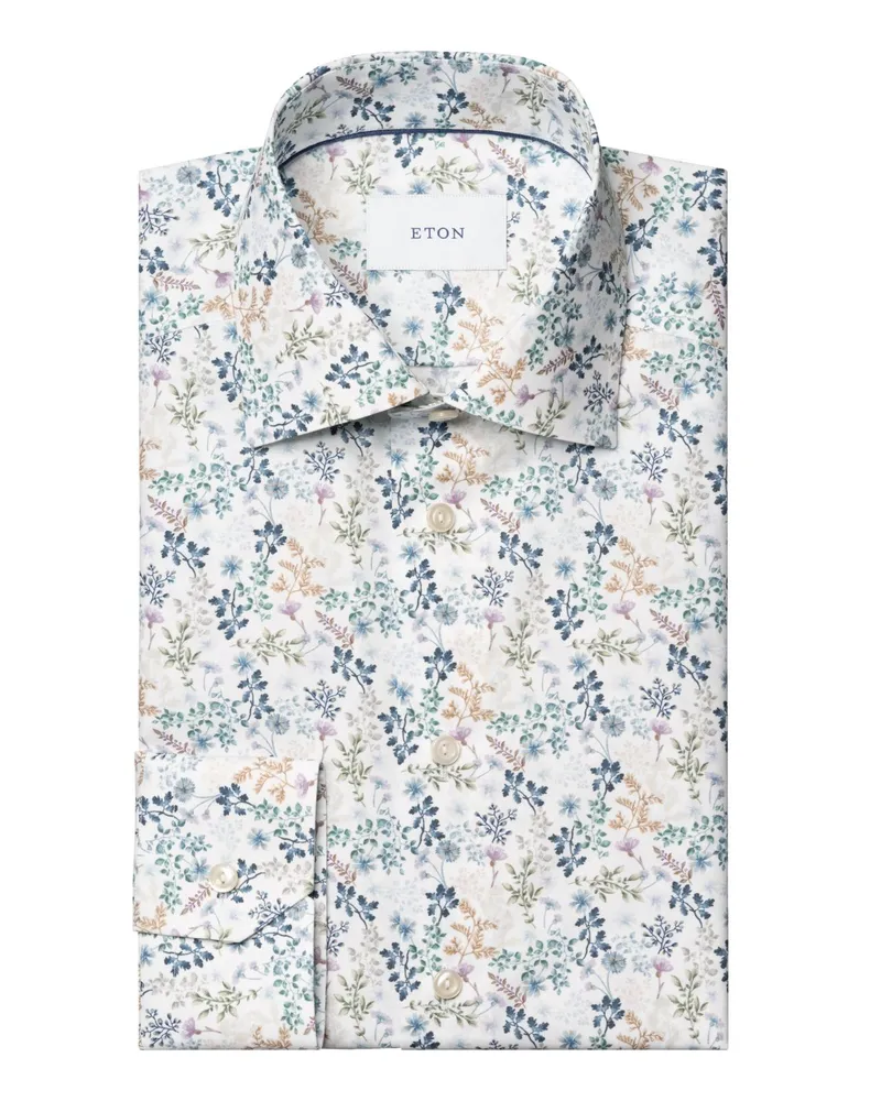 Eton Glattes Twill-Hemd mit floralem Muster und Kentkragen, Classic in Weiß