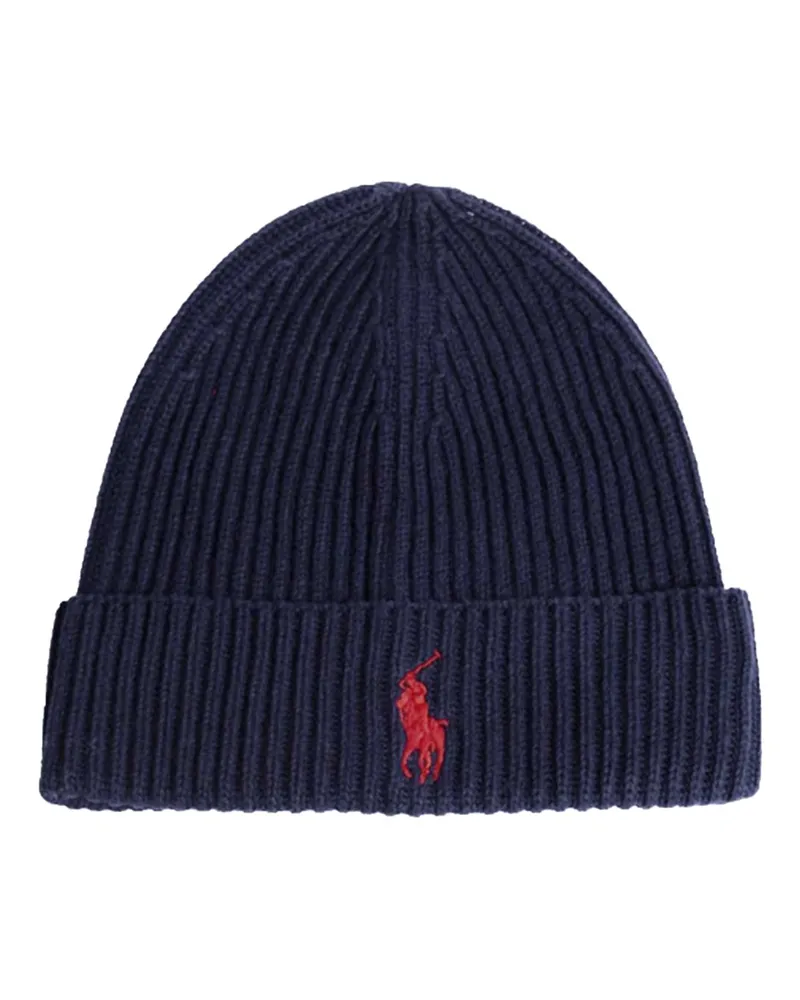 Ralph Lauren Strickmütze aus Baumwolle mit Logo-Aufnäher in Marine