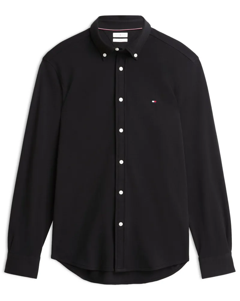 Tommy Hilfiger Unifarbenes Hemd aus elastischem Baumwoll-Piqué, Slim Fit in Schwarz