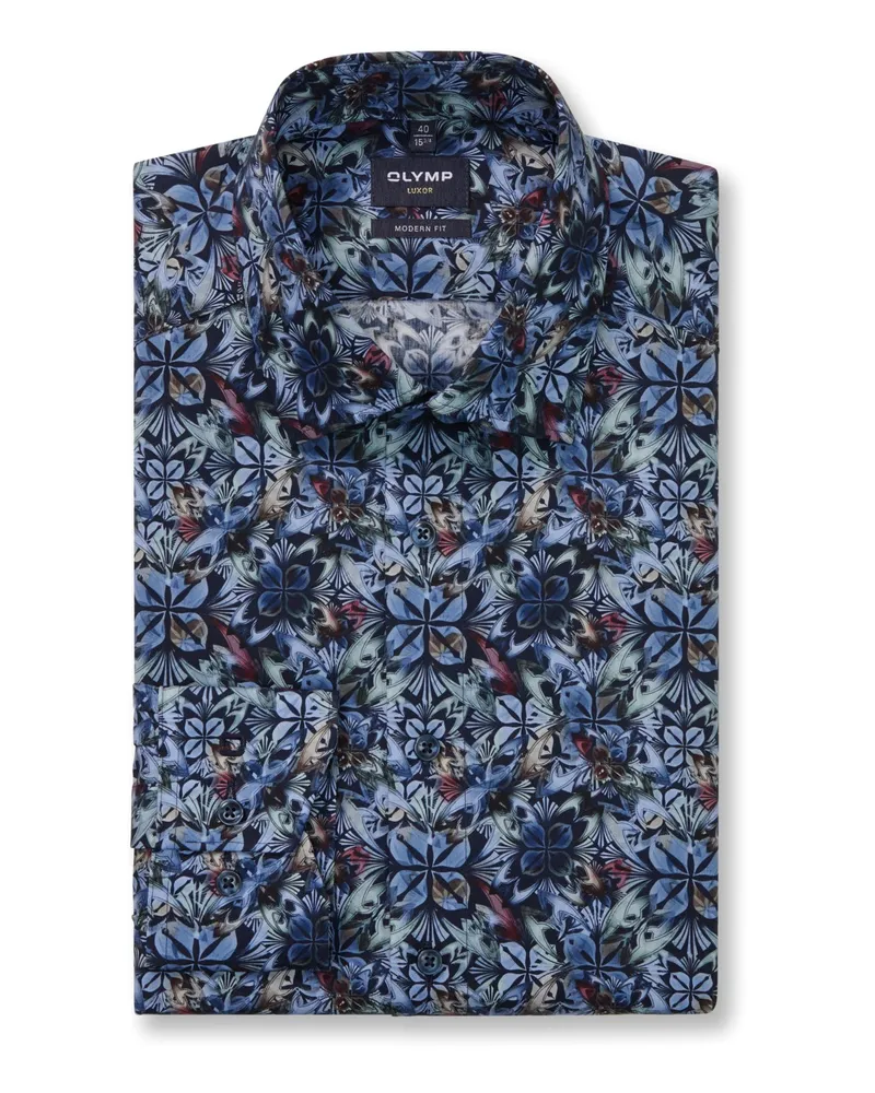 Olymp Luxor, Modern Fit, Bügelfreies Hemd mit floralem Print in Marine