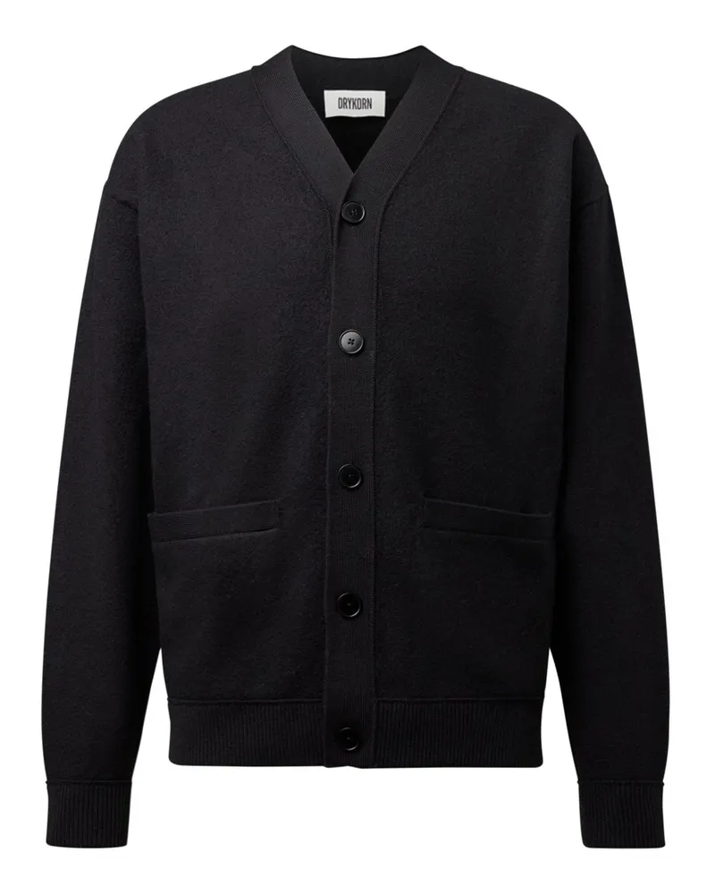 Drykorn Cardigan Theelo aus gewalkter Merinowolle mit kleinem V-Ausschnitt in Schwarz