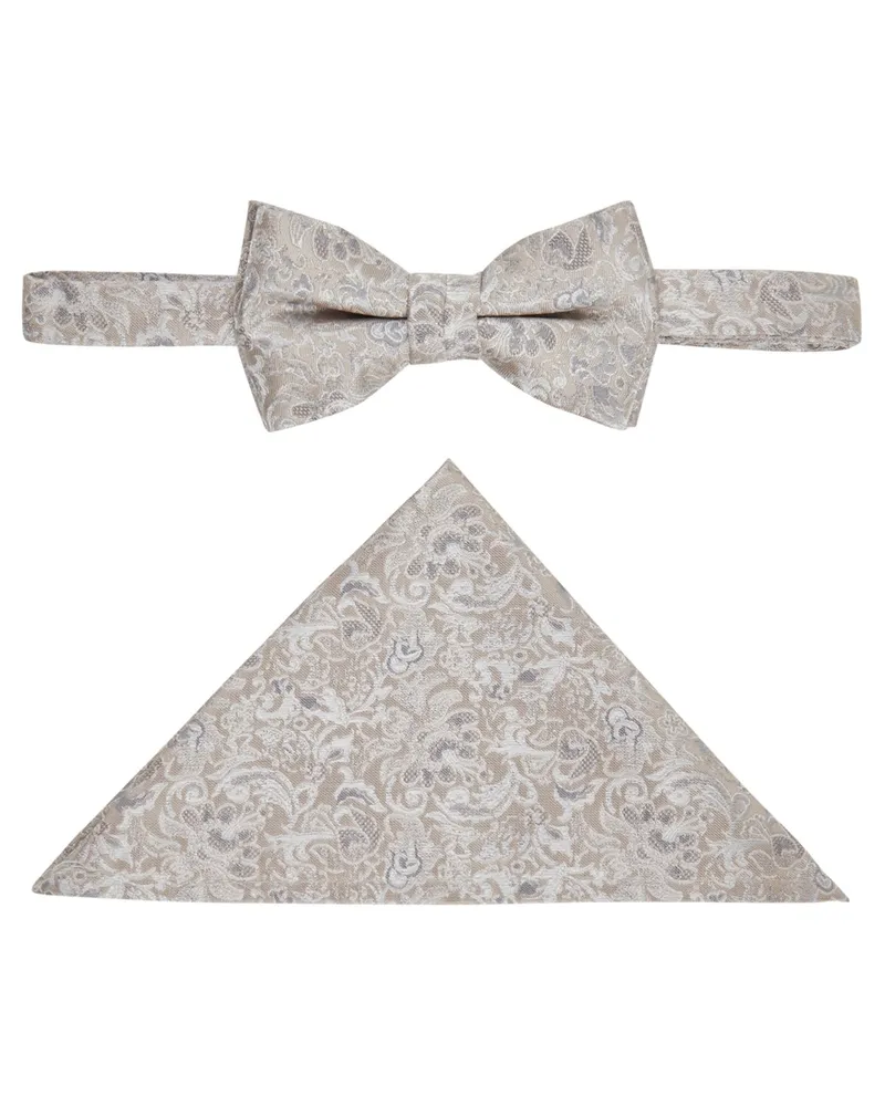 Wilvorst Festliches Set aus Fliege und Einstecktuch mit floralem Muster in Beige