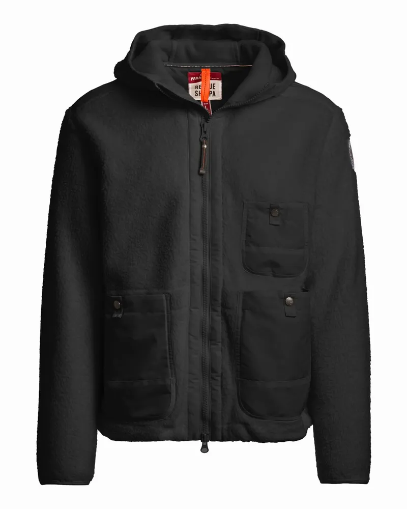 Parajumpers Fleecejacke in softer Teddy-Qualität mit Kapuze und Logo-Aufnäher in Schwarz