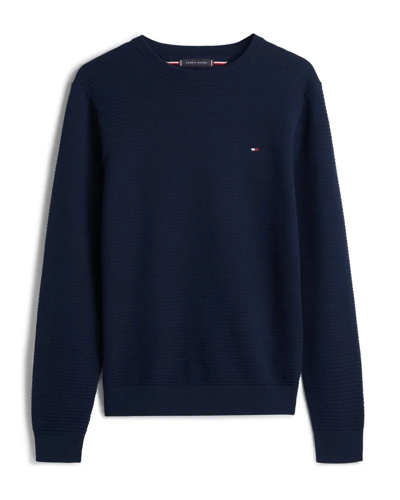 Tommy Hilfiger Rundhals-Pullover aus Baumwolle mit Struktur und Logo-Aufnäher in Marine