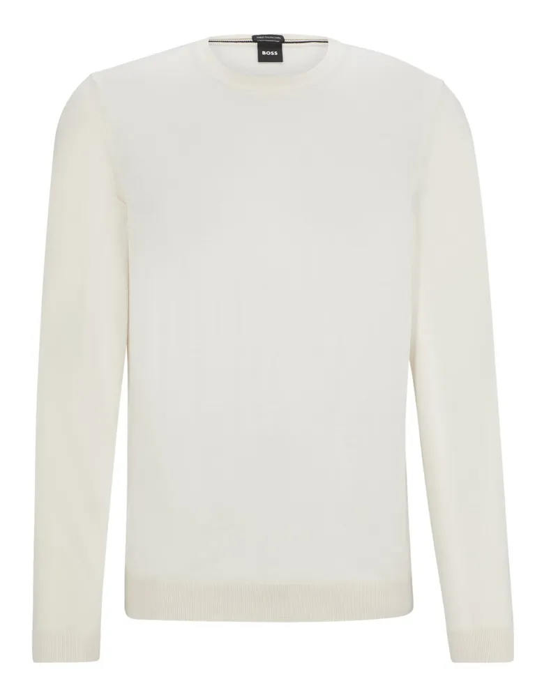 HUGO BOSS Rundhals-Pullover aus leichtem Schurwollstrick in Offwhite