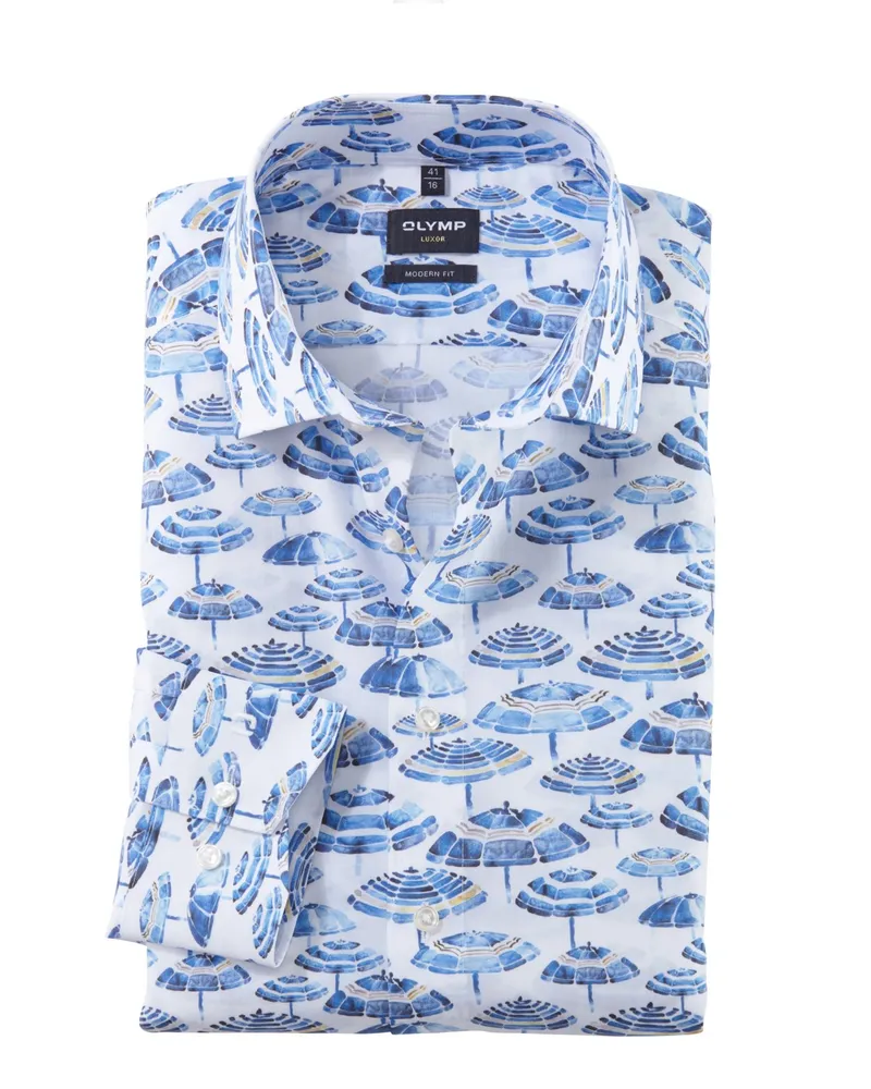 Olymp Luxor, Modern Fit, sommerliches Hemd mit Schirm-Print in Blau