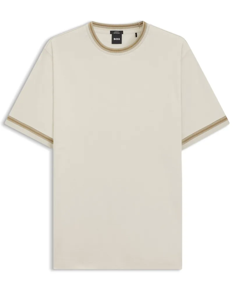 HUGO BOSS T-Shirt aus merzerisierter Baumwolle mit Kontrastbündchen, Slim Fit in Beige