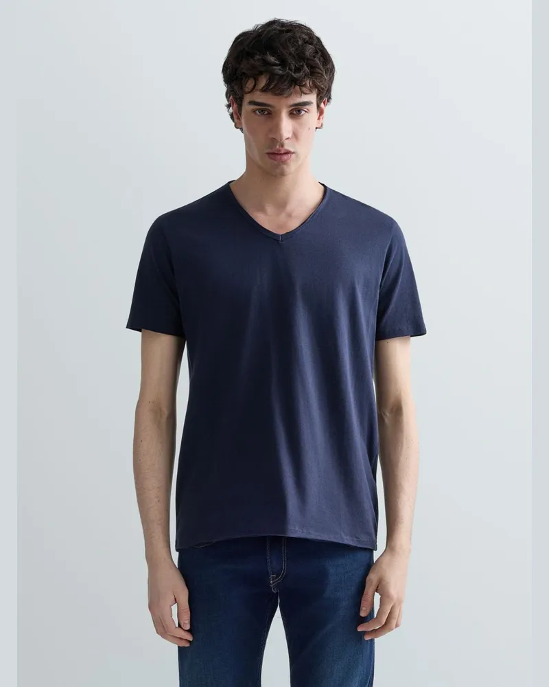 Replay T-Shirt mit V-Ausschnitt aus leichtem Baumwolljersey in Marine