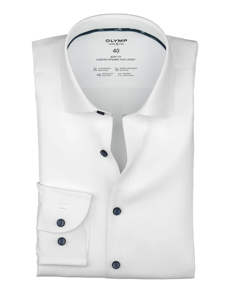 Olymp Level Five, Body Fit, 24/Seven Dynamic Flex Jerseyhemd, Extralang in Weiß