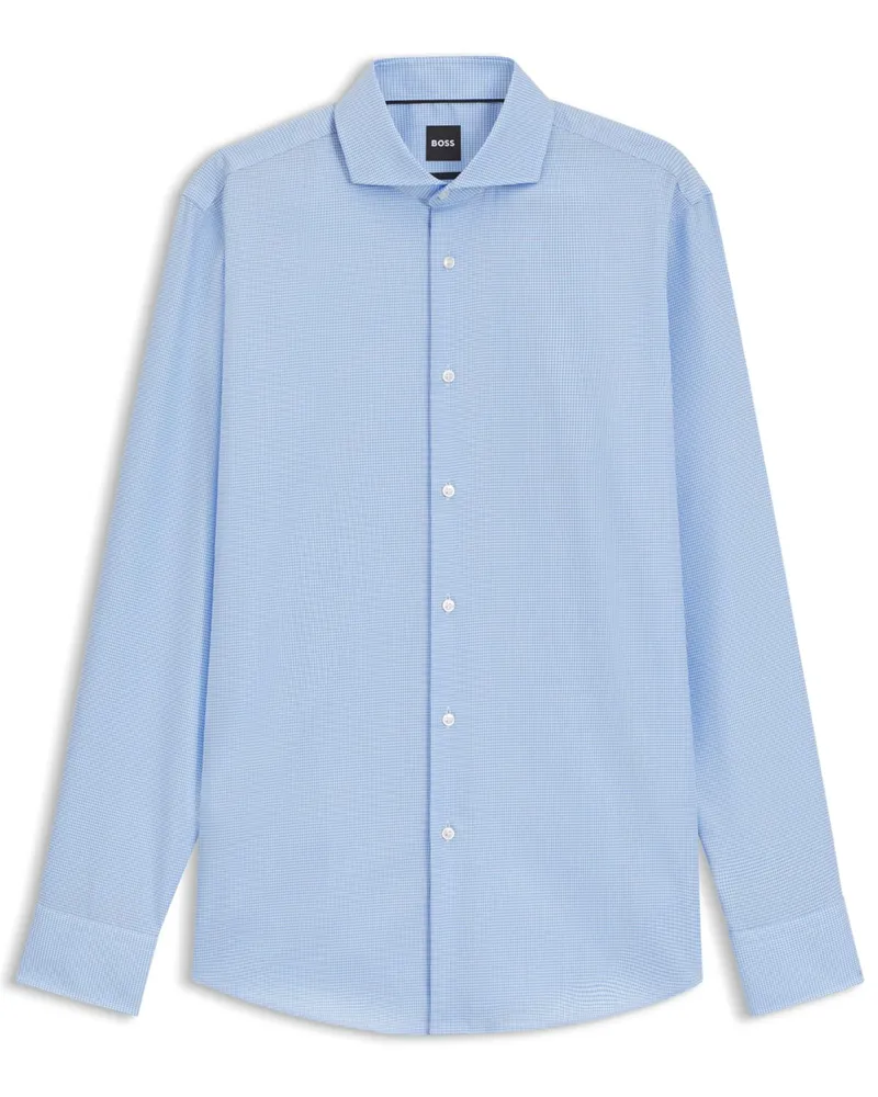 HUGO BOSS Knitterfreies Hemd mit Pepitamuster und extralangem Arm, Slim Fit in Hellblau