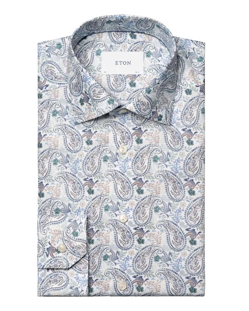 Eton Knitterfreies Hemd mit Paisley-Muster und Lyocell-Anteil, Slim in Blau