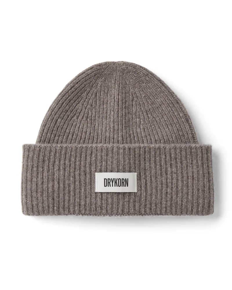 Drykorn Softe Strickmütze aus Kaschmir mit Label-Aufnäher in Beige