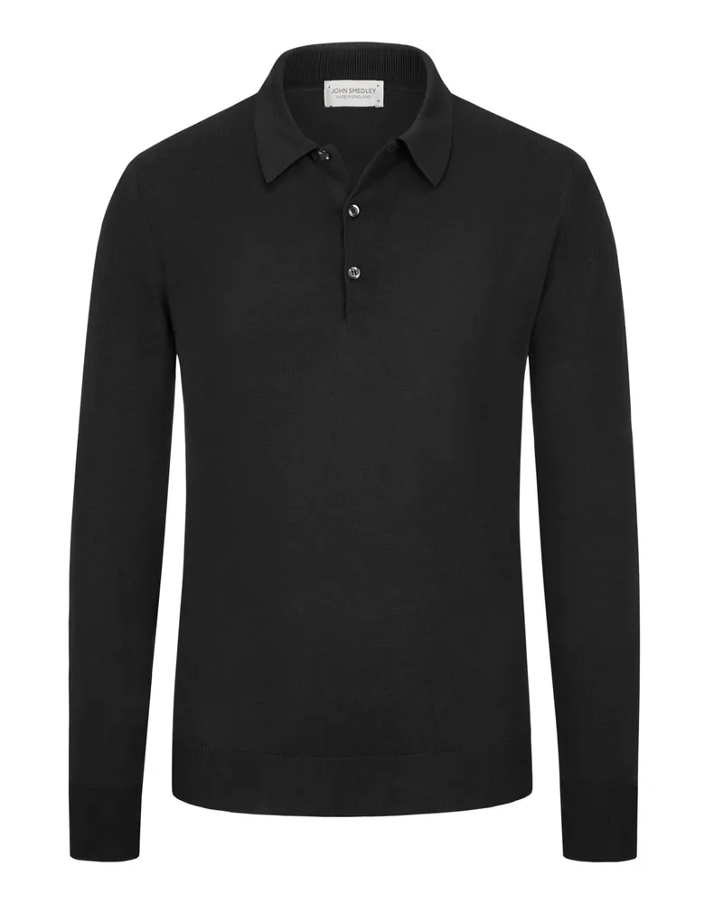 John Smedley Langarm-Poloshirt aus feiner Merinowolle Schwarz