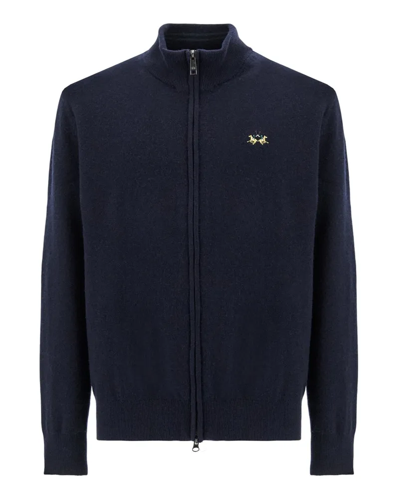 La Martina Leichte Strickjacke mit Lammwolle und farbiger Logo-Stickerei, Regular in Marine
