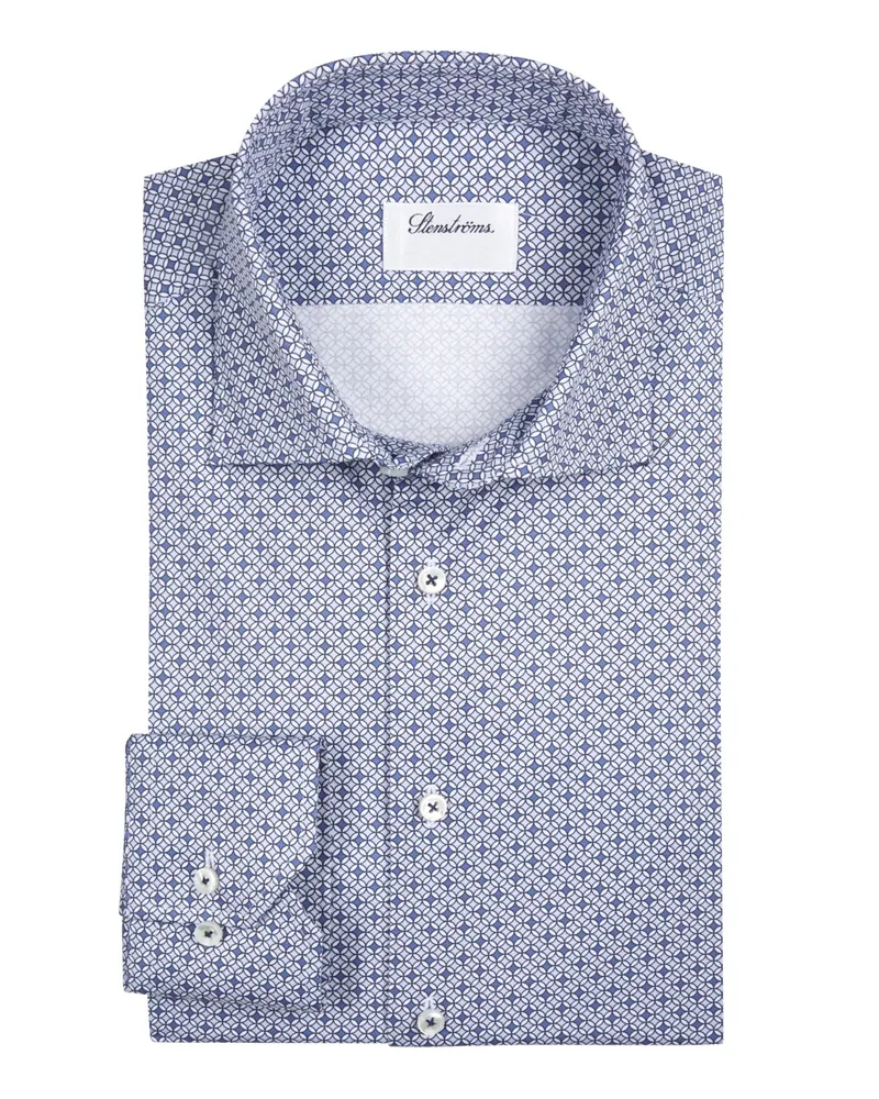 Stenströms Gemustertes Twill-Hemd aus Twofold Super Cotton, Slimline in Mittelblau