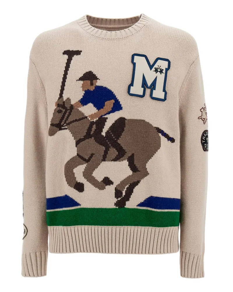 La Martina Pullover aus einem Woll-Mix mit Polo-Motiv und Aufnäher in Beige