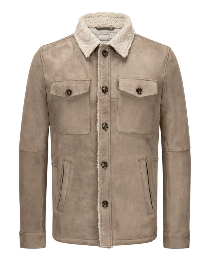 Milestone Wattiertes Veloursleder-Overshirt mit Teddyfell-Futter und Kragen in Beige