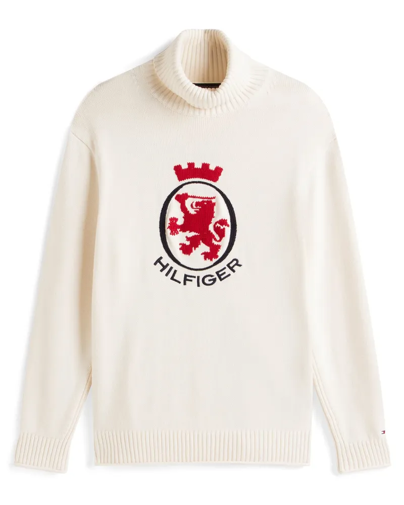 Tommy Hilfiger Softer Rollkragenpullover mit Löwen-Intarsie in Offwhite